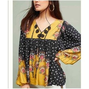 Farm Rio Anthropologie Intarsia Top Blouse Black Yellow Patchwork Boho Floral L